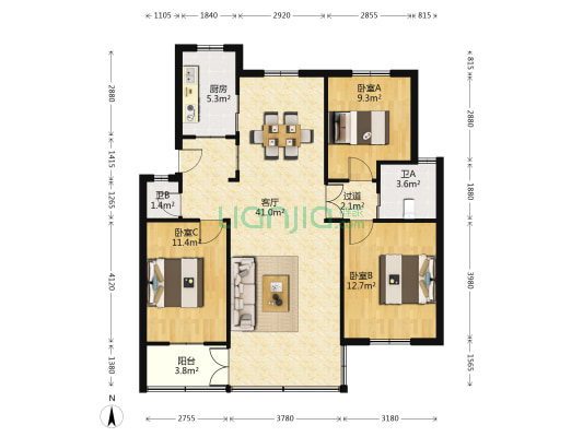 杜鹃新村北区 3室1厅2卫 105平方