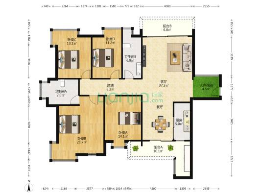 竹溪苑小区 4室1厅2卫 166平方