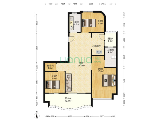 金海首府 3室1厅1卫 124平方