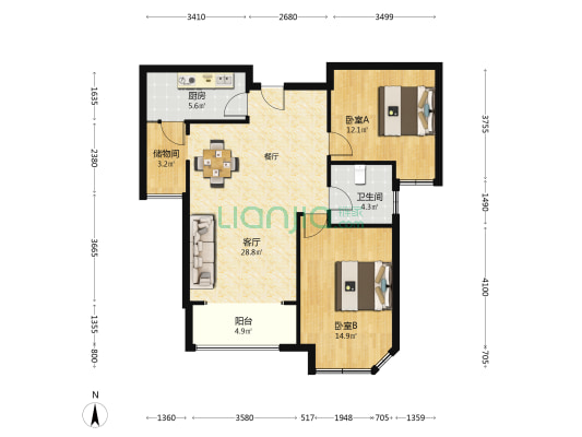 德晟君园 2室1厅1卫 90平方