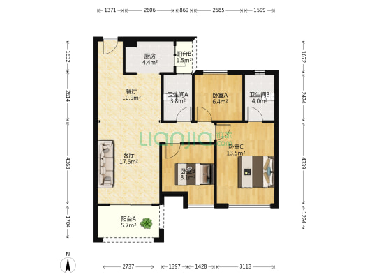 君汇尚品二期 3室2厅2卫 96平方