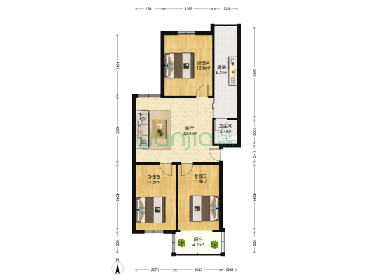 赛云台北支路2号 3室1厅1卫 87平方