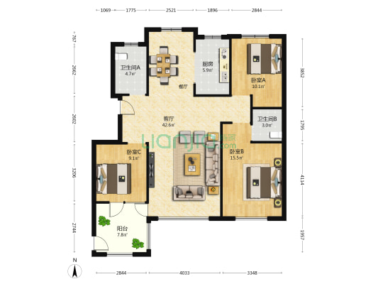 方正凤凰国际西区 3室1厅2卫 134平方