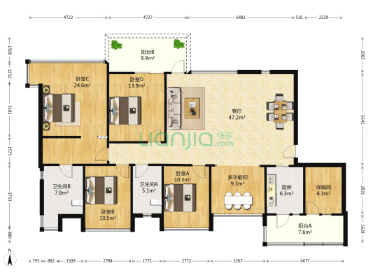 鸿景翠峰花园 5室1厅2卫 171平方