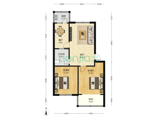 供销联社宿舍 2室2厅1卫 77平方