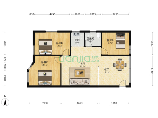 鉴海北路 3室2厅1卫 83平方