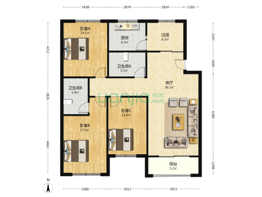 玫瑰园 3室1厅2卫 137平方