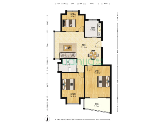 雍和苑 3室1厅1卫 108平方