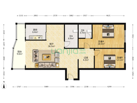 银行街 2室1厅2卫 140平方