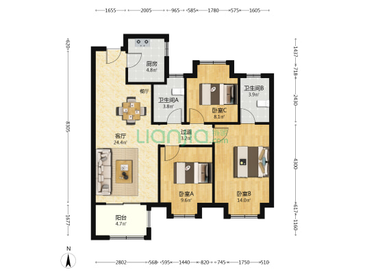 绿地奥莱缤纷广场 3室1厅2卫 105平方