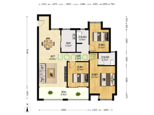 九颂山河时代城 3室1厅2卫 111平方