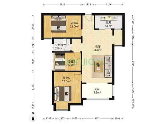 华润紫云府二期 3室1厅1卫 90平方