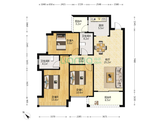 海都文化广场 3室1厅2卫 105平方