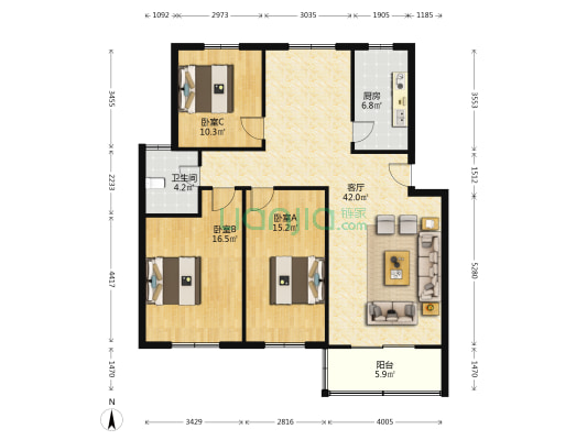 中阳商城二区 3室1厅1卫 119平方