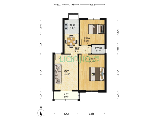灯泡厂宿舍 2室2厅1卫 64平方