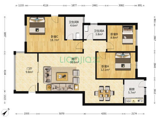置信逸都丹郡C区 3室1厅2卫 119平方