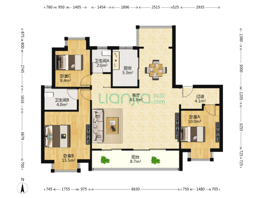 华侨城万科天鹅堡 3室1厅2卫 129平方
