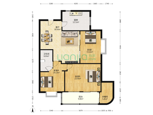惠泽园 3室1厅1卫 132平方
