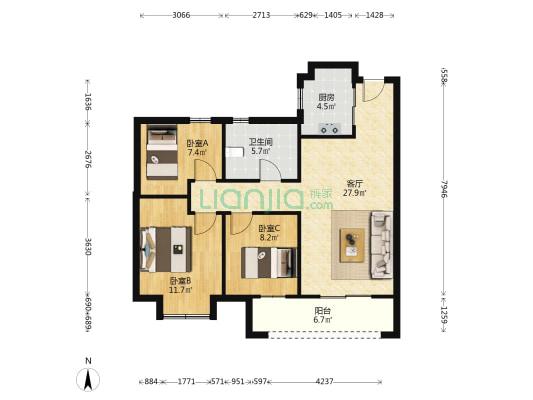 绿地城太白湖畔F区 3室1厅1卫 97平方
