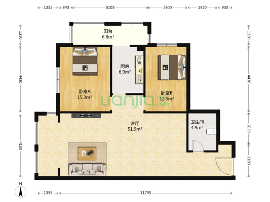 正大广场 2室1厅1卫 126平方