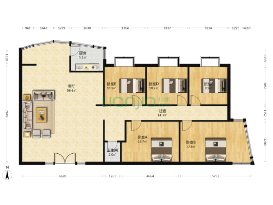 唐朝大厦 5室1厅1卫 166平方