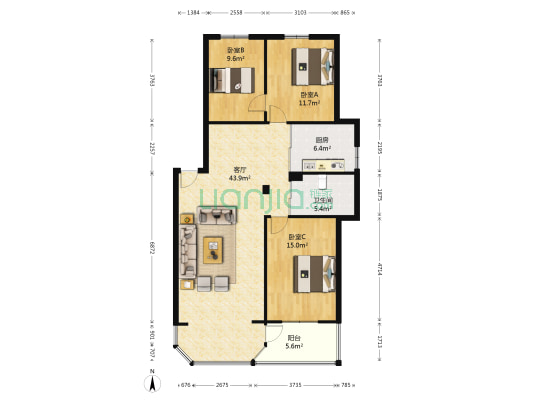兰亭雅苑 3室1厅1卫 124平方