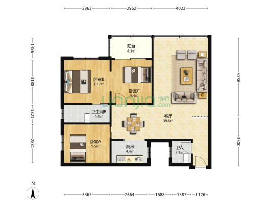 好运公寓 3室1厅2卫 89平方