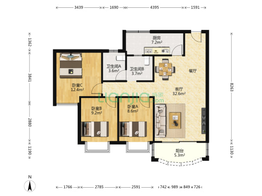 华发明苑 3室1厅2卫 101平方