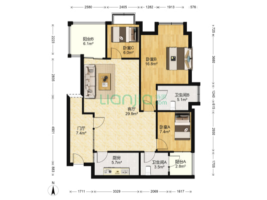 泰基北锦 3室1厅2卫 109平方