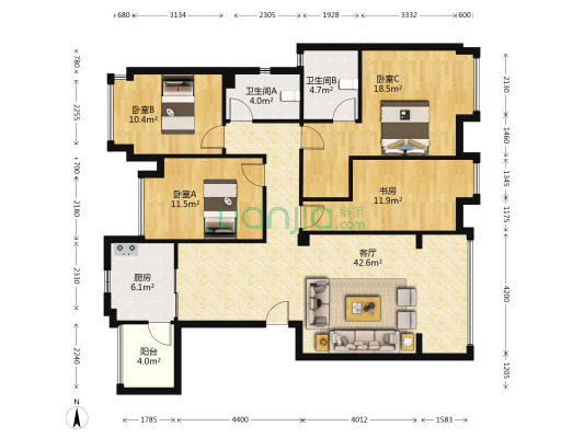滨江国际 4室1厅2卫 128平方
