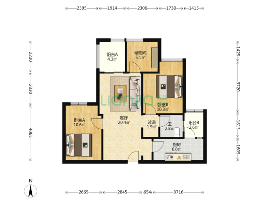 世茂璀璨天城月麓 2室1厅1卫 87平方