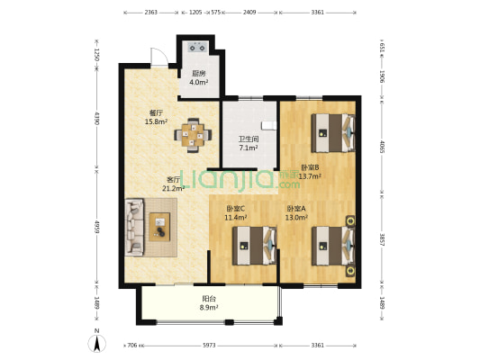 顶御华府 3室2厅1卫 116平方