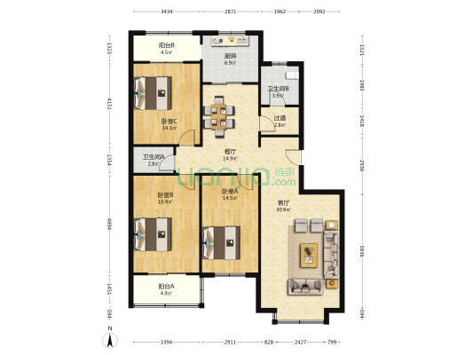 省未管所宿舍 3室2厅2卫 150平方