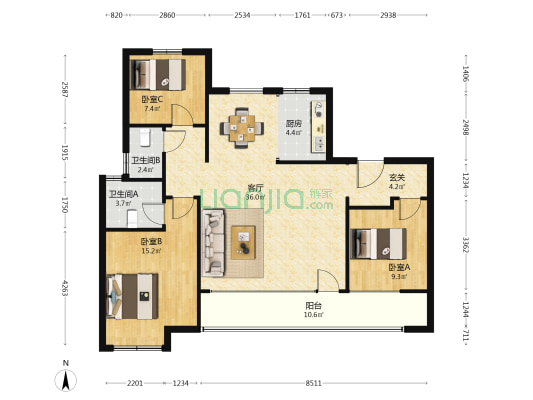 银丰国泰江悦 3室1厅2卫 128平方