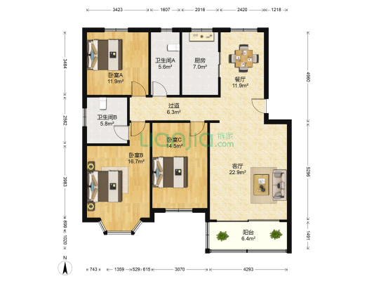 城福小区 3室2厅2卫 126平方