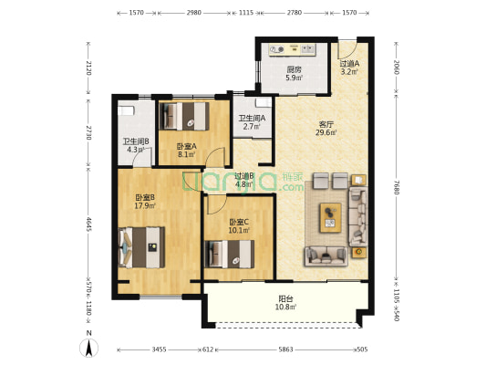 名城七号院 3室1厅2卫 125平方
