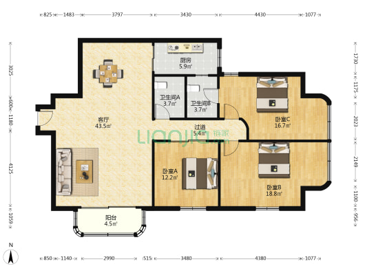 花都富华楼 3室1厅2卫 140平方