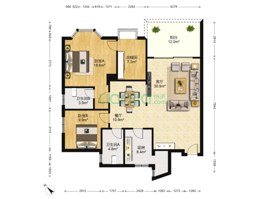 王府花园 2室2厅2卫 131平方