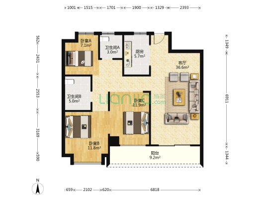 绿城桃李春风御园 3室1厅2卫 101平方