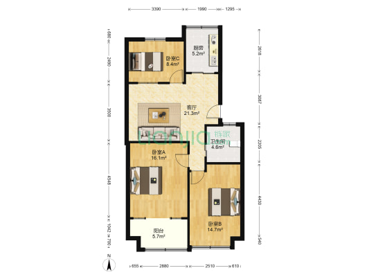 美好家园 3室1厅1卫 90平方