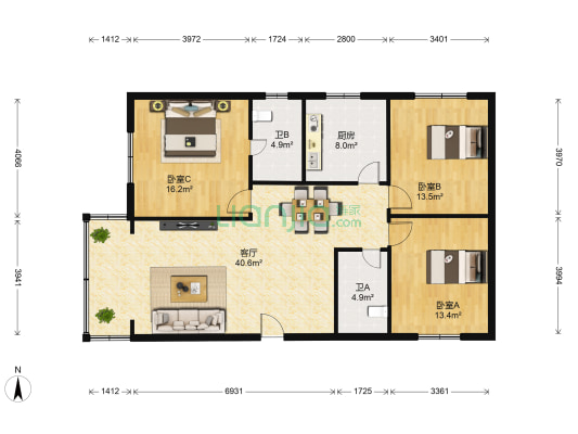 满堂红家苑 3室1厅2卫 127平方