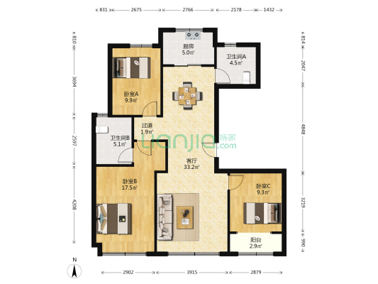 中新国际西城六区 3室1厅2卫 123平方