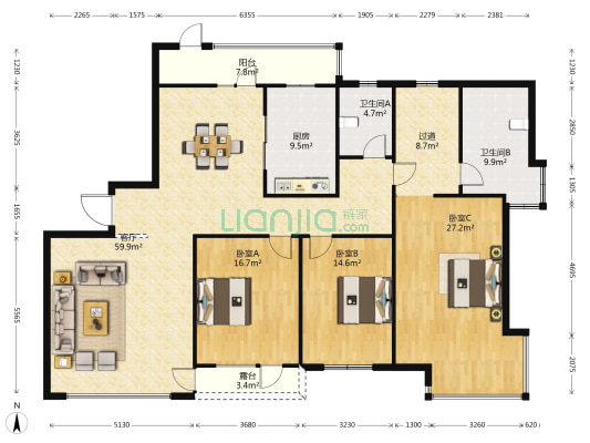 帝柏湾 3室1厅2卫 229平方