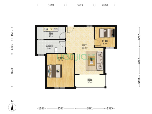 金沙旺角 2室1厅1卫 86平方