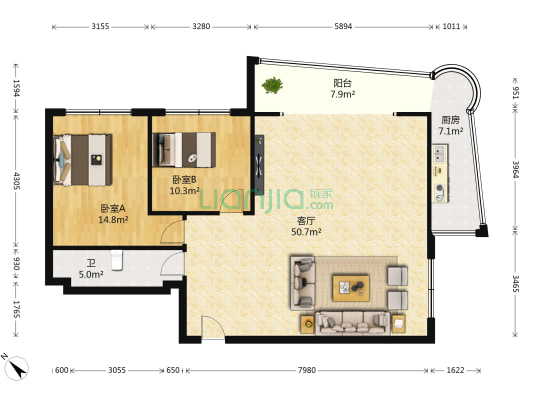 景江名苑 2室1厅1卫 128平方