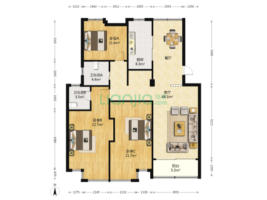 阳光花园小区 3室1厅2卫 147平方