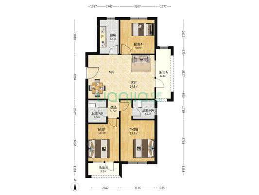 西海瑞苑二期 3室1厅2卫 110平方