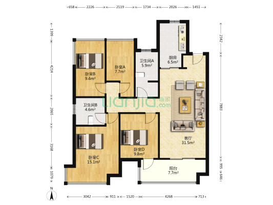 金科博翠天辰 4室1厅2卫 132平方