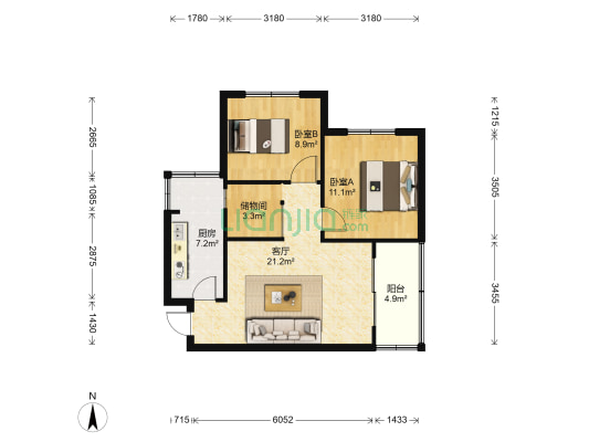 棕南西街1号 2室1厅0卫 67平方