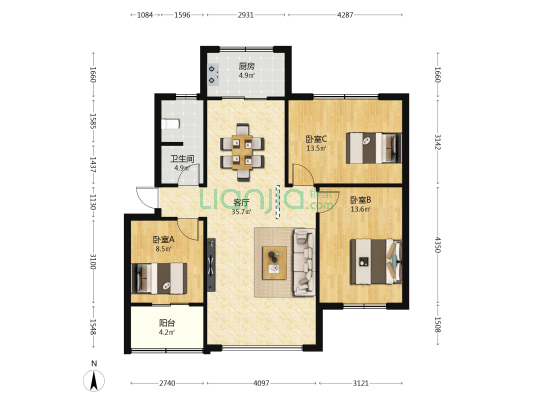 昆明市人民检察院北市住宅小区 3室1厅1卫 84平方